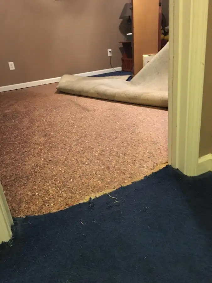 Carpet pad removal revealing water damage during Water Mitigation Services in Jersey City
